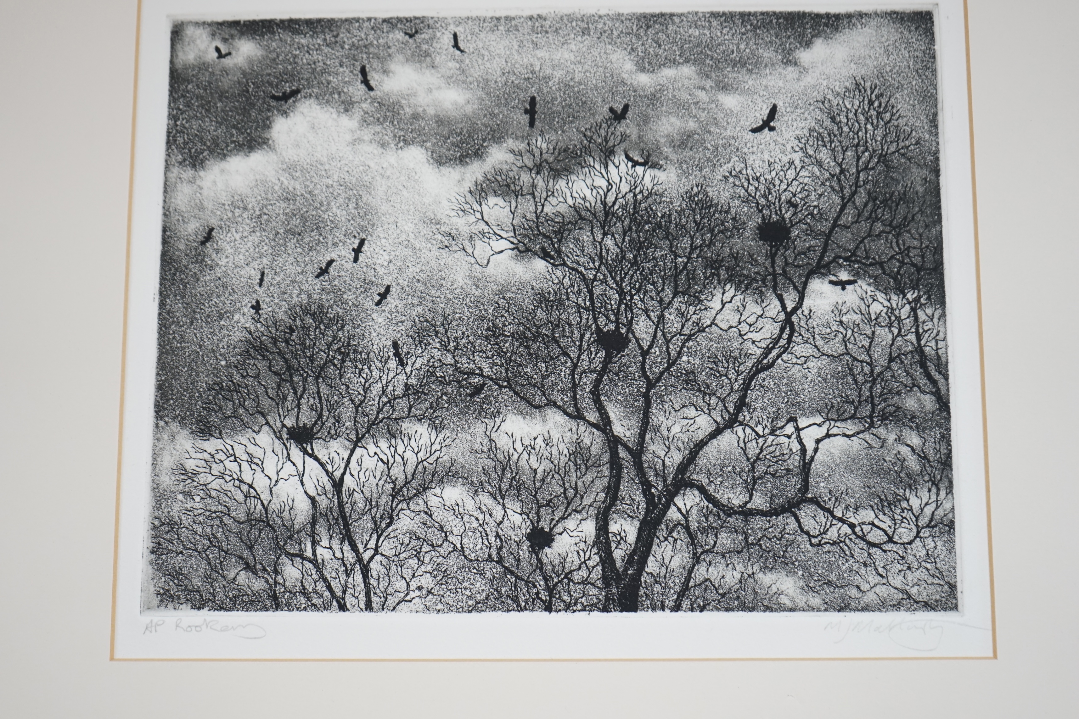 Michael Mattingley, artists proof etching, ‘Rookery’, together with Olga Leykina, linocut, ‘Breakfast’, limited edition 1/15, each signed in pencil, largest 52 x 64cm. Condition - fair to good